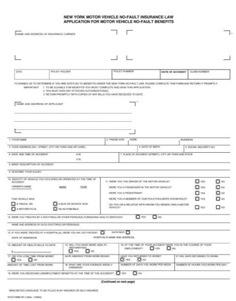 Form Nf 2 Download Ny State No Fault Application Of Benefits 9736